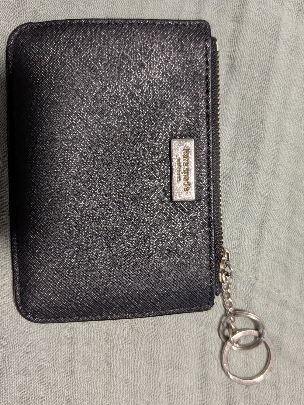 Kate Spade Black Saffiano Leather Zip Card Case Wallet Keychain Coin Pouch